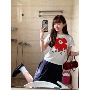 圆领通勤T恤短袖 纯棉夏季 红花可爱白色日常休闲宽松女款