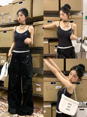 NECY双色波点假两件蕾丝吊带新款修身纯欲芭蕾风女打底内搭背心