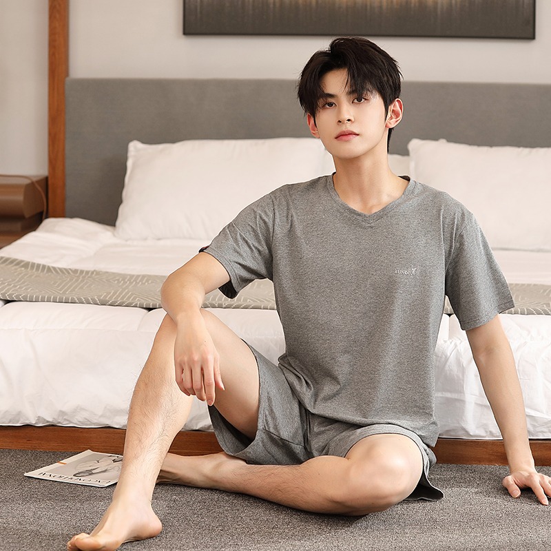 男士睡衣套装纯棉短裤短袖夏季家居服加肥加大运动套青中老年尖领