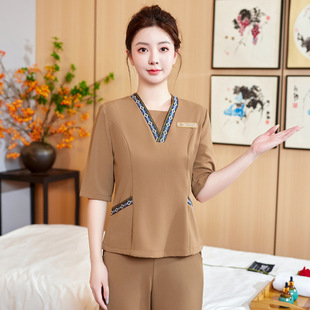 茶馆酒店工作服女夏季按摩足浴疗气质V领美容院医美技师职业装