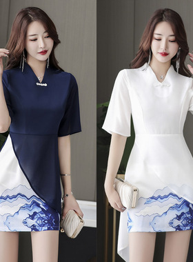 中式风格足浴工作服山水印花连衣裙按摩技师足疗保健养生服女1178