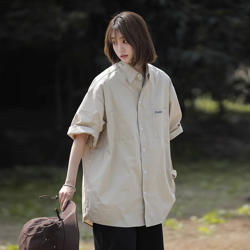 夏季日系复古短袖衬衫男薄款工装半袖上衣宽松男女纯色休闲衬衣潮