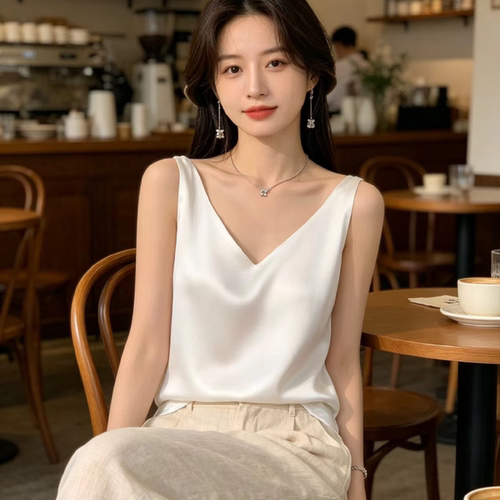 春夏丝绸缎面V领修身吊带背心