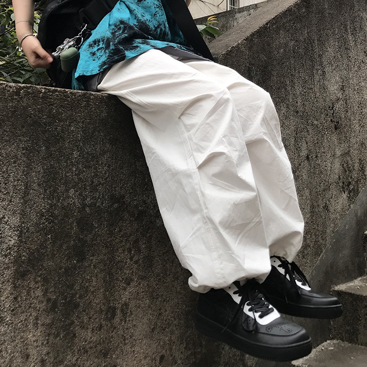 Korea studios.韩国ins复古高街百搭宽松白色休闲裤太空裤 男女潮