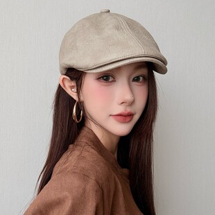 英伦复古鹿皮绒前进帽秋冬新款时尚网红pu皮贝雷帽子女日式