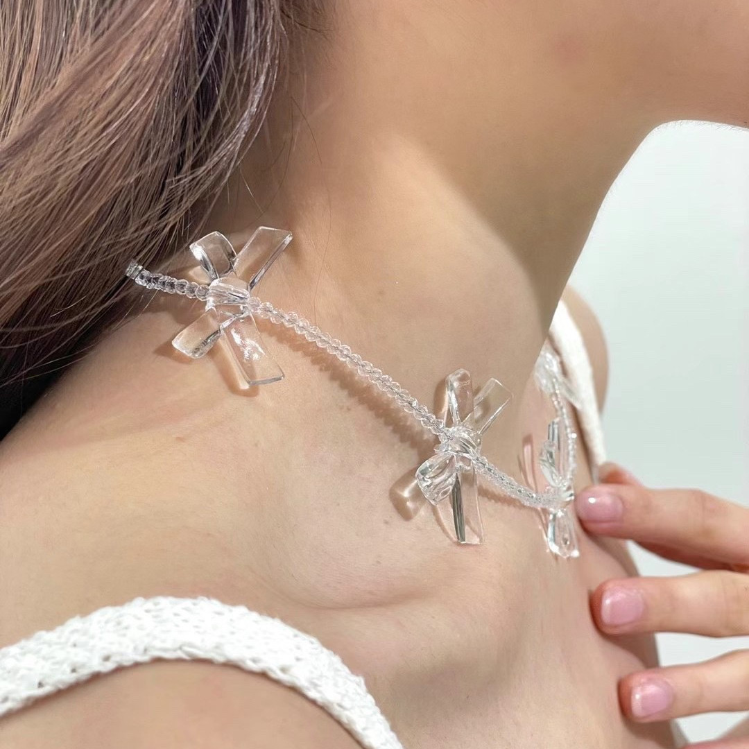 小众甜美ins透明芭蕾少女蝴蝶结串珠锁骨链韩系简约choker项链
