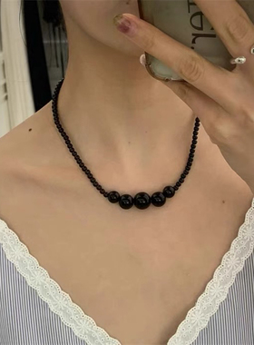 韩国东大门小众简约ins风透明/黑色大小玻璃珠串珠项链女锁骨链