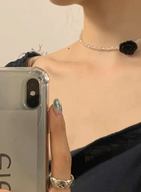 韩国东大门新款小众串珠玫瑰花项链女山茶花小香风串珠锁骨链颈链