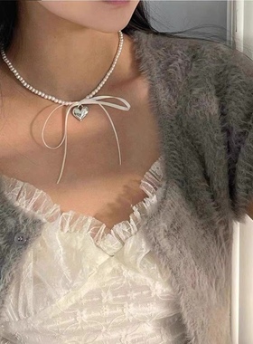 现货韩国东大门ins甜酷风金属爱心吊坠丝带蝴蝶结珍珠项链锁骨链