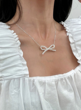 韩国东大门ins气质简约珍珠串珠编织蝴蝶结项链甜美淑女锁骨链