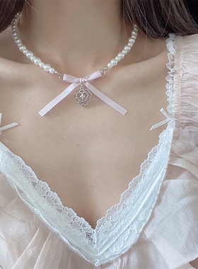 [圣十字] 少女心珍珠爱心十字架蝴蝶结ins同款项链bm风颈链粉纯欲