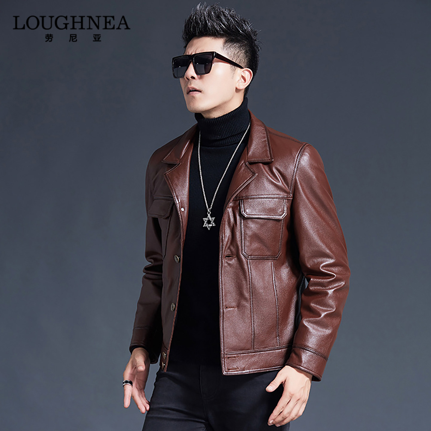 LOUGHNEA高端红棕色中年商务真皮皮衣男外套薄款春秋头层牛皮夹克