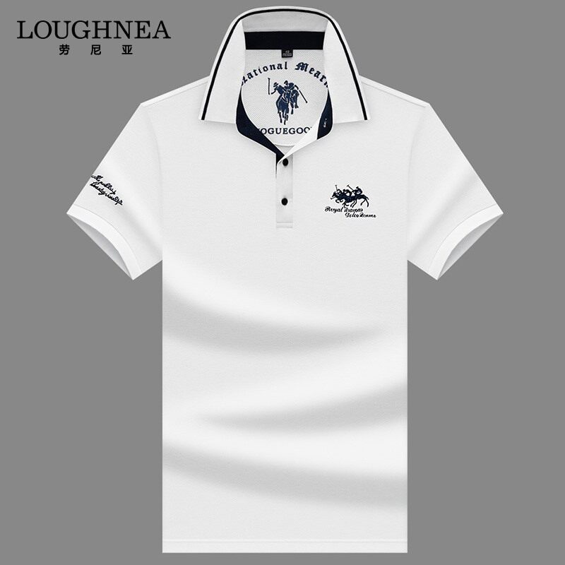 LOUGHNEA高端夏季白色短袖polo衫男纯棉翻领绣花t恤衫透气上衣潮
