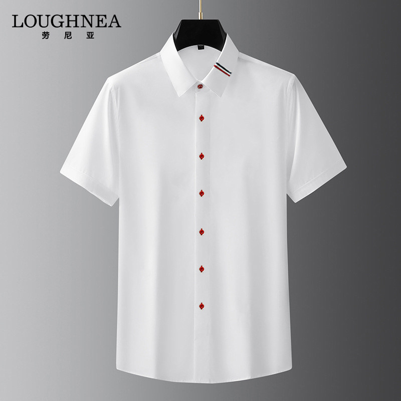 LOUGHNEA轻奢高级感红扣织带白色衬衫男士短袖夏季痞帅修身衬衣潮