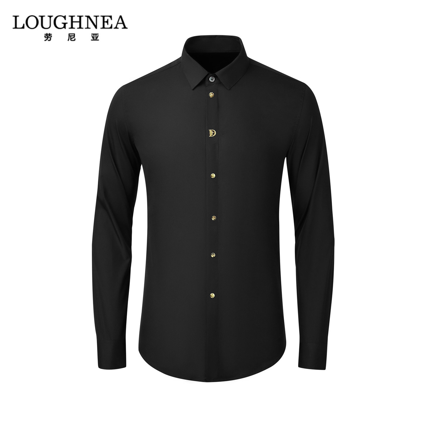 LOUGHNEA高级感中年修身黑色衬衫男长袖春秋免熨烫抗皱字母柳丁衬