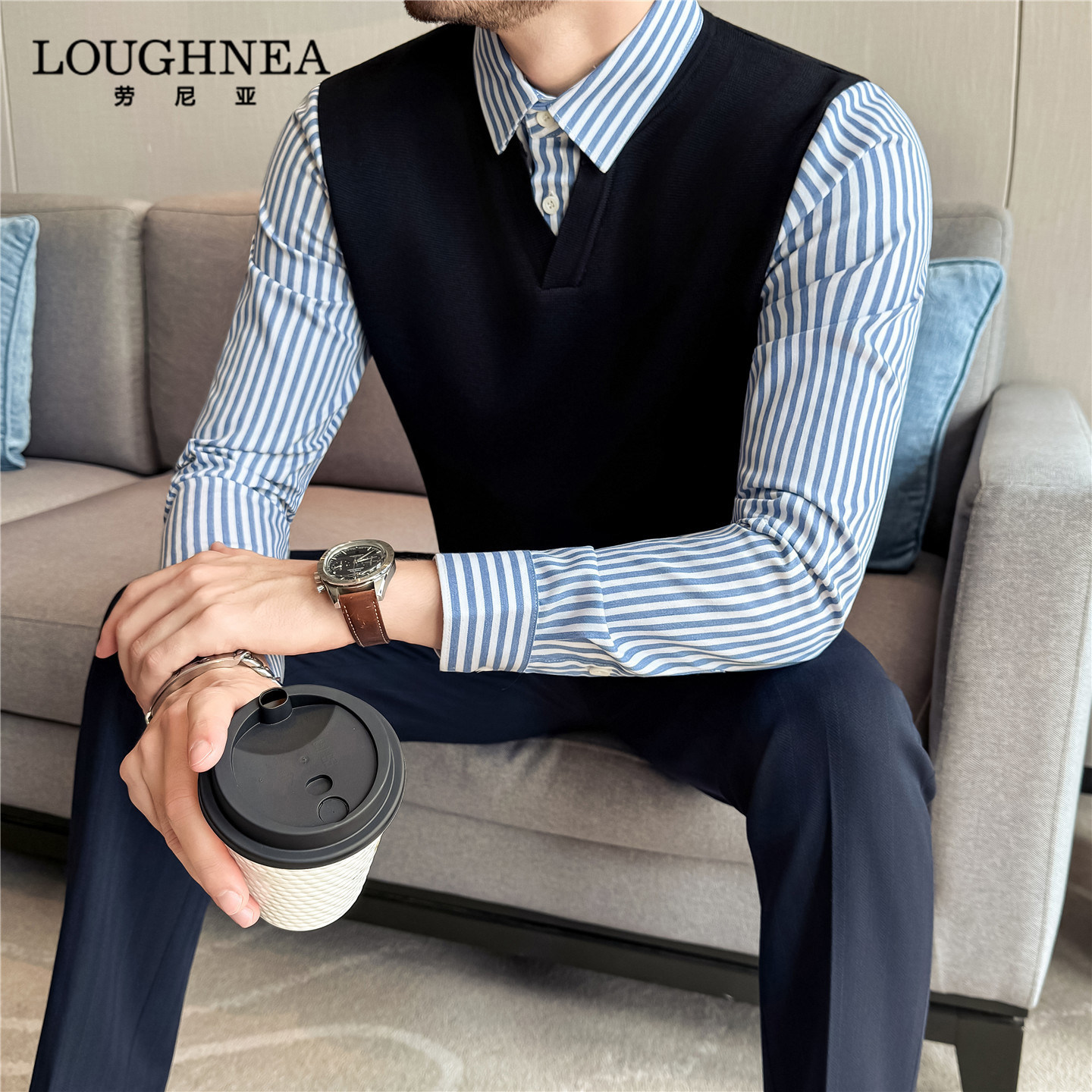 LOUGHNEA高端条纹假两件衬衫男长袖春秋加厚商务时尚叠穿保暖衬衣