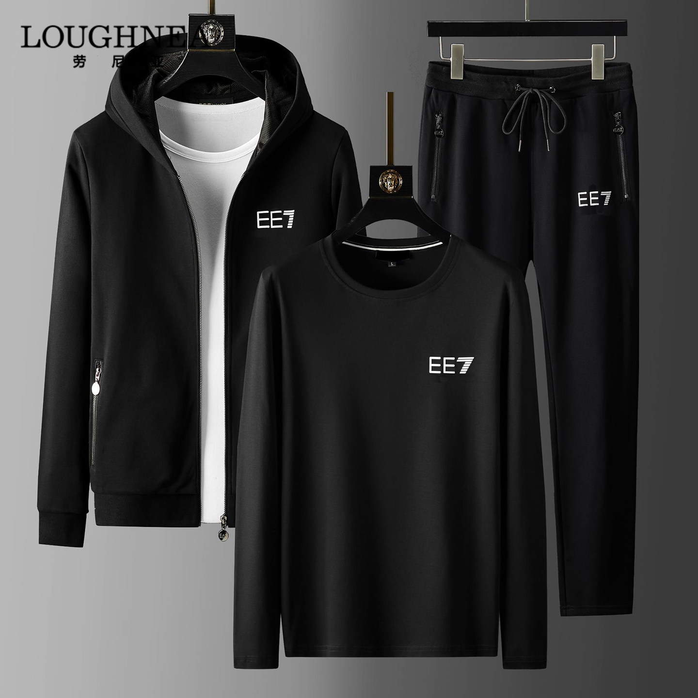 LOUGHNEA轻奢潮牌黑色连帽休闲运动套装男2026春秋中年帅气三件套