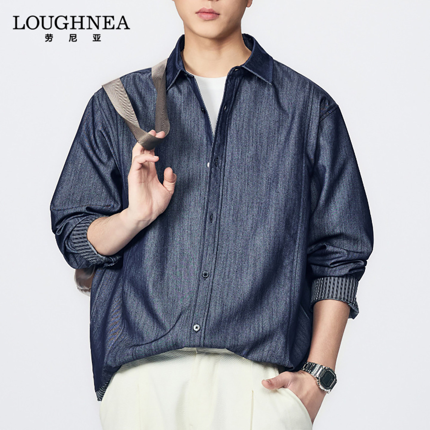 LOUGHNEA高端老钱风条纹衬衫男士长袖春秋新款高级感复古牛仔衬衣