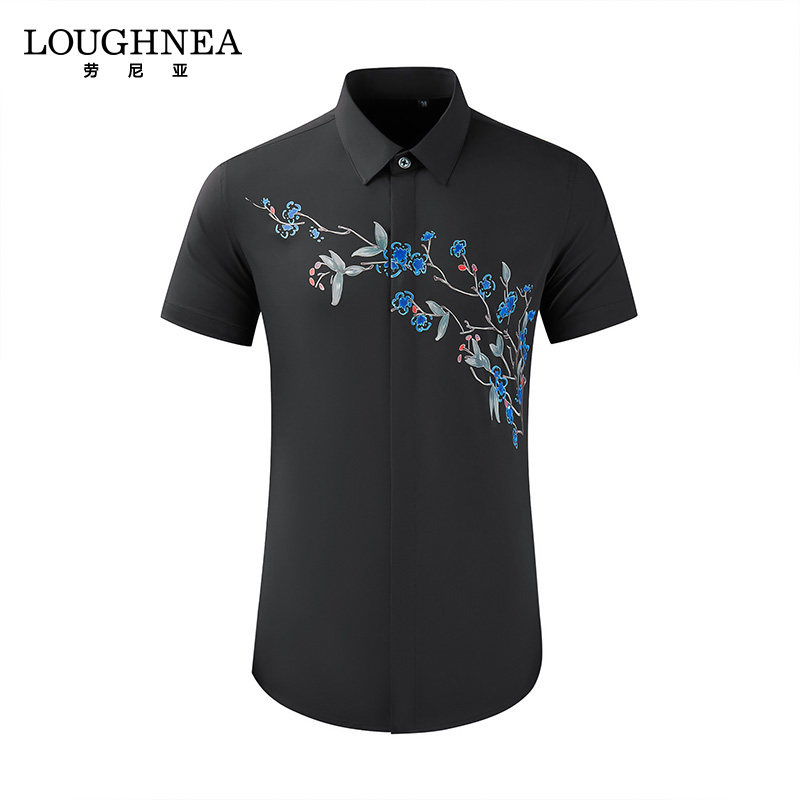 LOUGHNEA轻奢潮流梅花印花黑色衬衫男短袖夏季修身免烫新中式衬衣