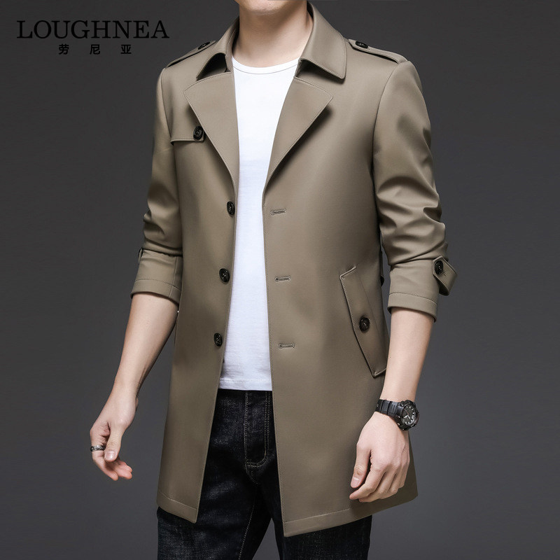 LOUGHNEA高档名牌中长款风衣外套男士春秋季商务休闲韩版腰带大衣