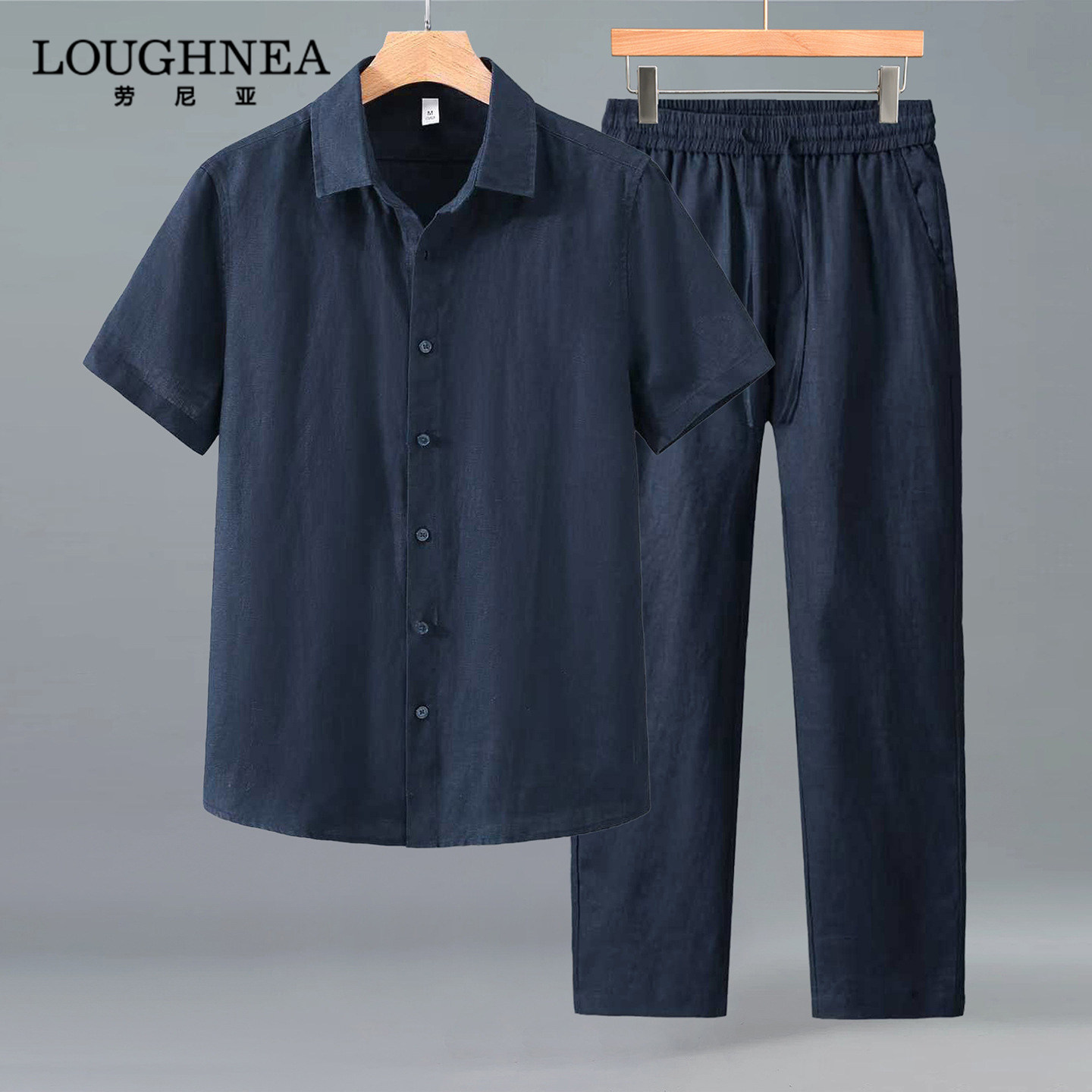 LOUGHNEA高档品牌纯亚麻短袖衬衫休闲裤男士中年夏季薄款休闲套装