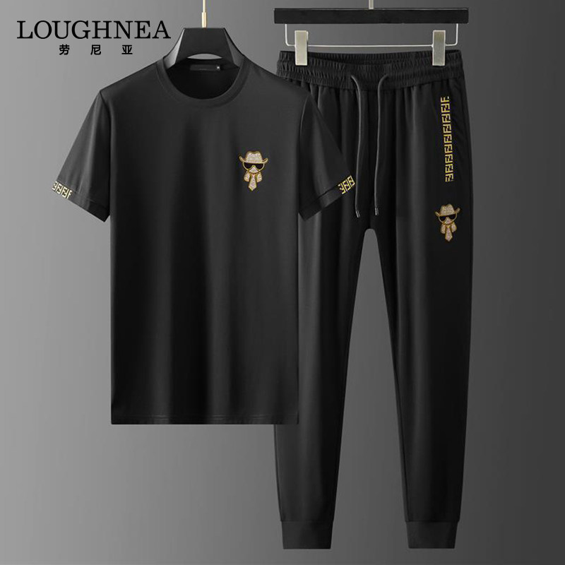 LOUGHNEA轻奢烫钻大码休闲运动套装男士夏季薄款欧洲站潮流两件套