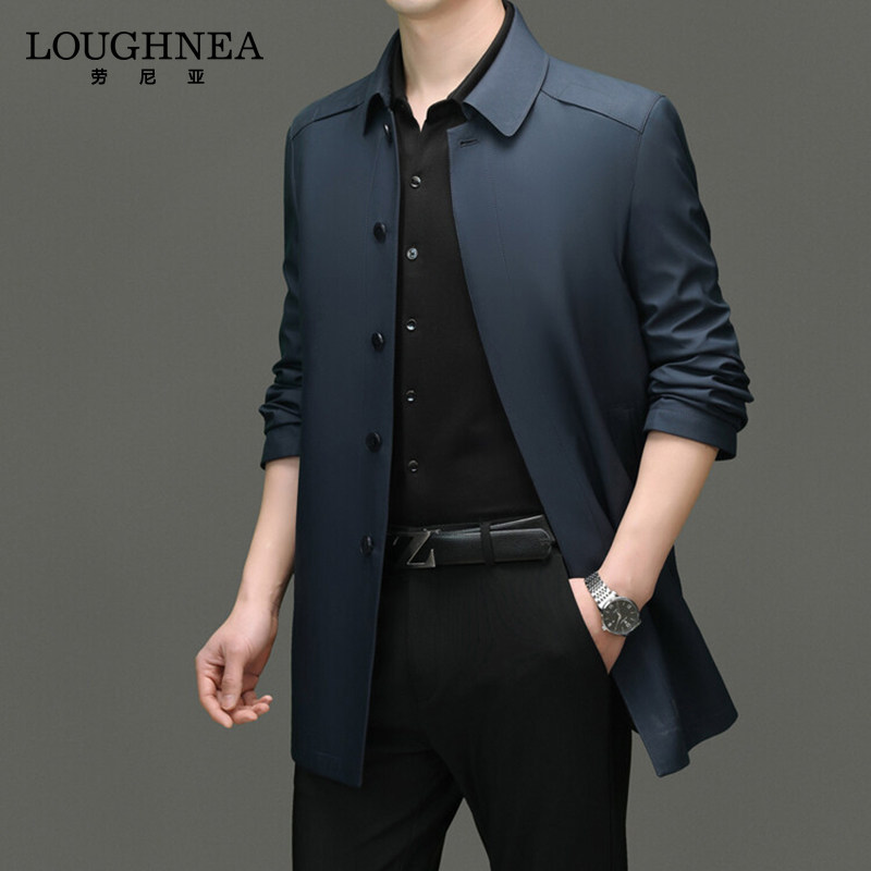 LOUGHNEA高档中长款翻领休闲夹克外套男春季新款中年爸爸时尚风衣