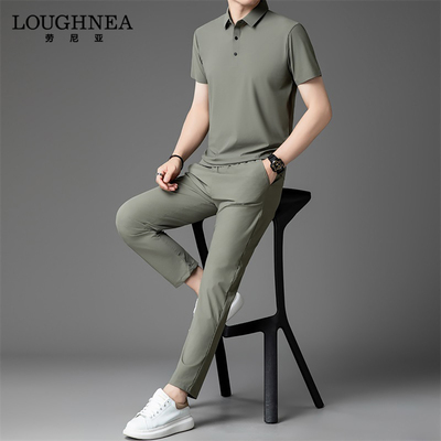 LOUGHNEA高端跑步男运动套装2026新款夏季冰丝弹力直筒长裤POLO衫