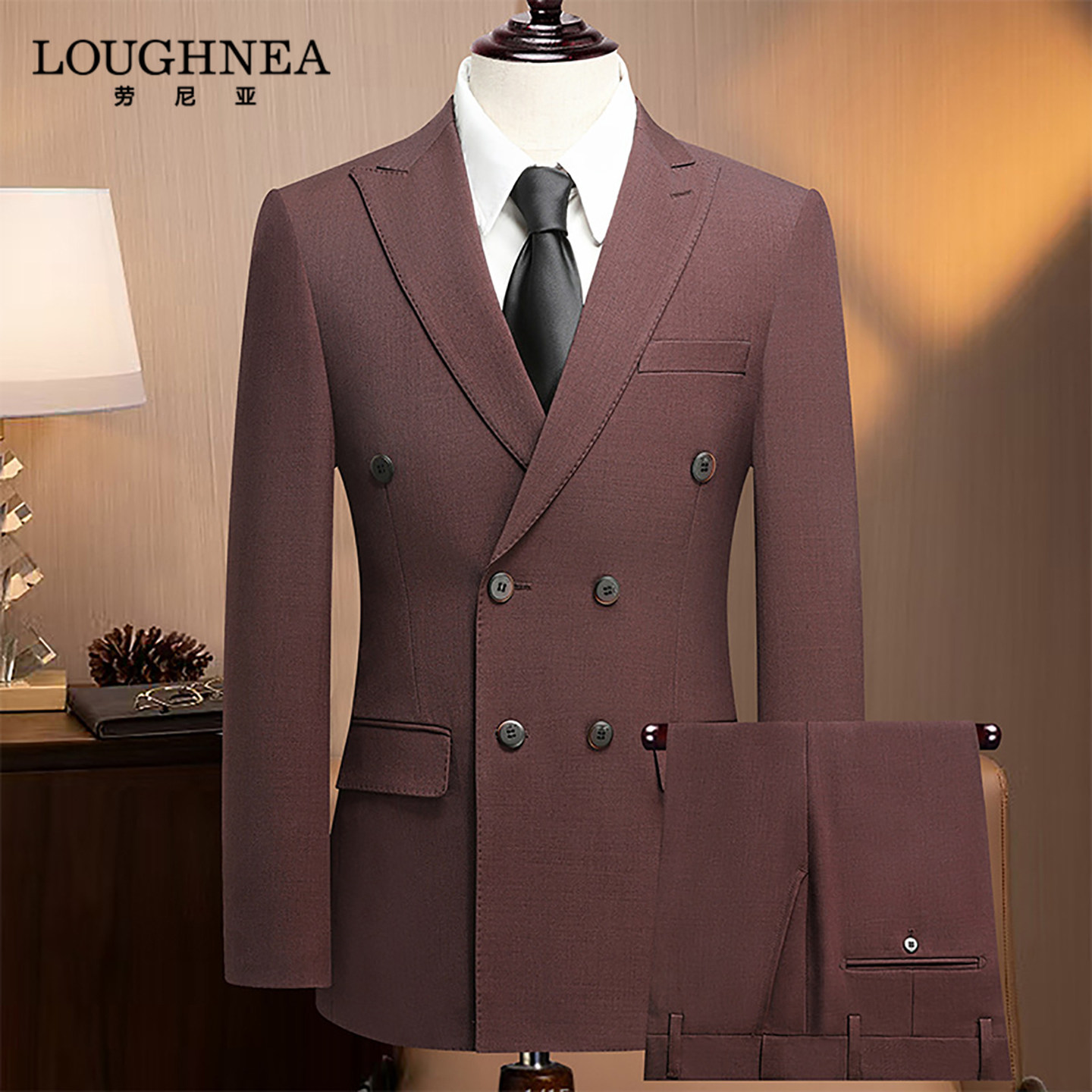 LOUGHNEA轻奢高级感紫红色西服两件套男秋冬修身英伦风双排扣套装