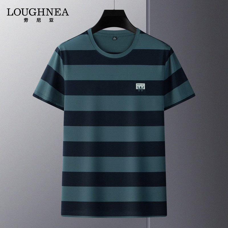 LOUGHNEA轻奢色织条纹短袖T恤衫男夏季中年珠地棉刺绣打底上衣潮