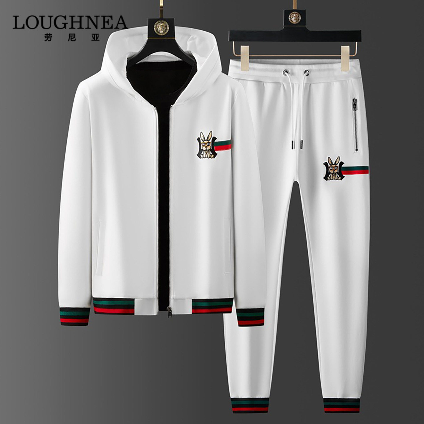 LOUGHNEA欧洲站兔子刺绣连帽卫衣运动服男春秋季高级感长裤两件套