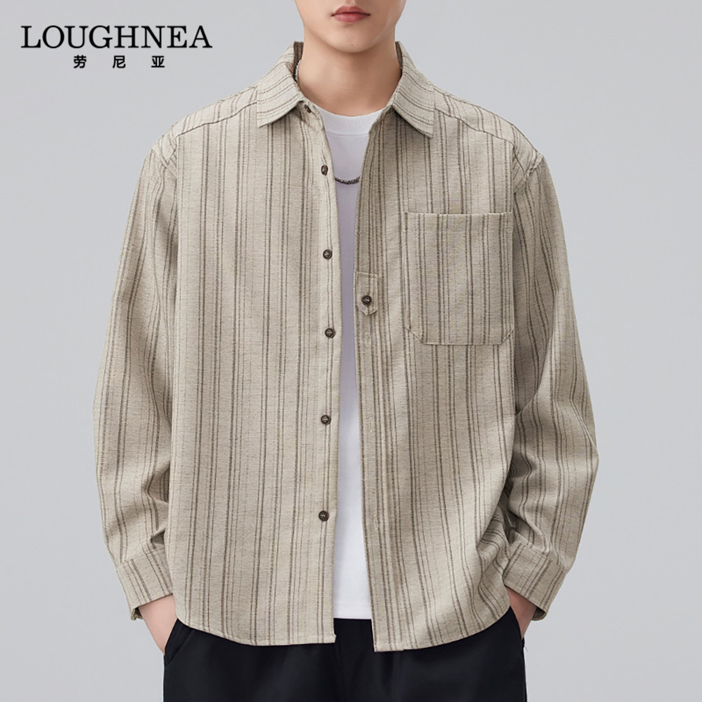 LOUGHNEA高端潮牌老钱风条纹衬衫男士长袖春秋高级感通勤工装衬衣