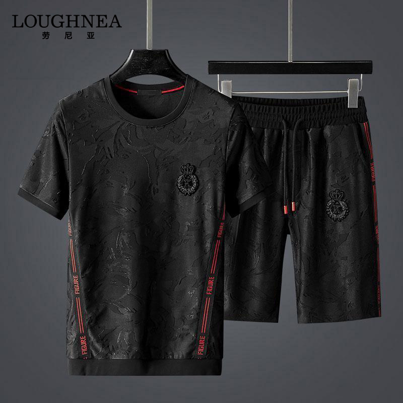 LOUGHNEA高端提花织带拼接休闲套装男夏季大码潮流短裤运动两件套