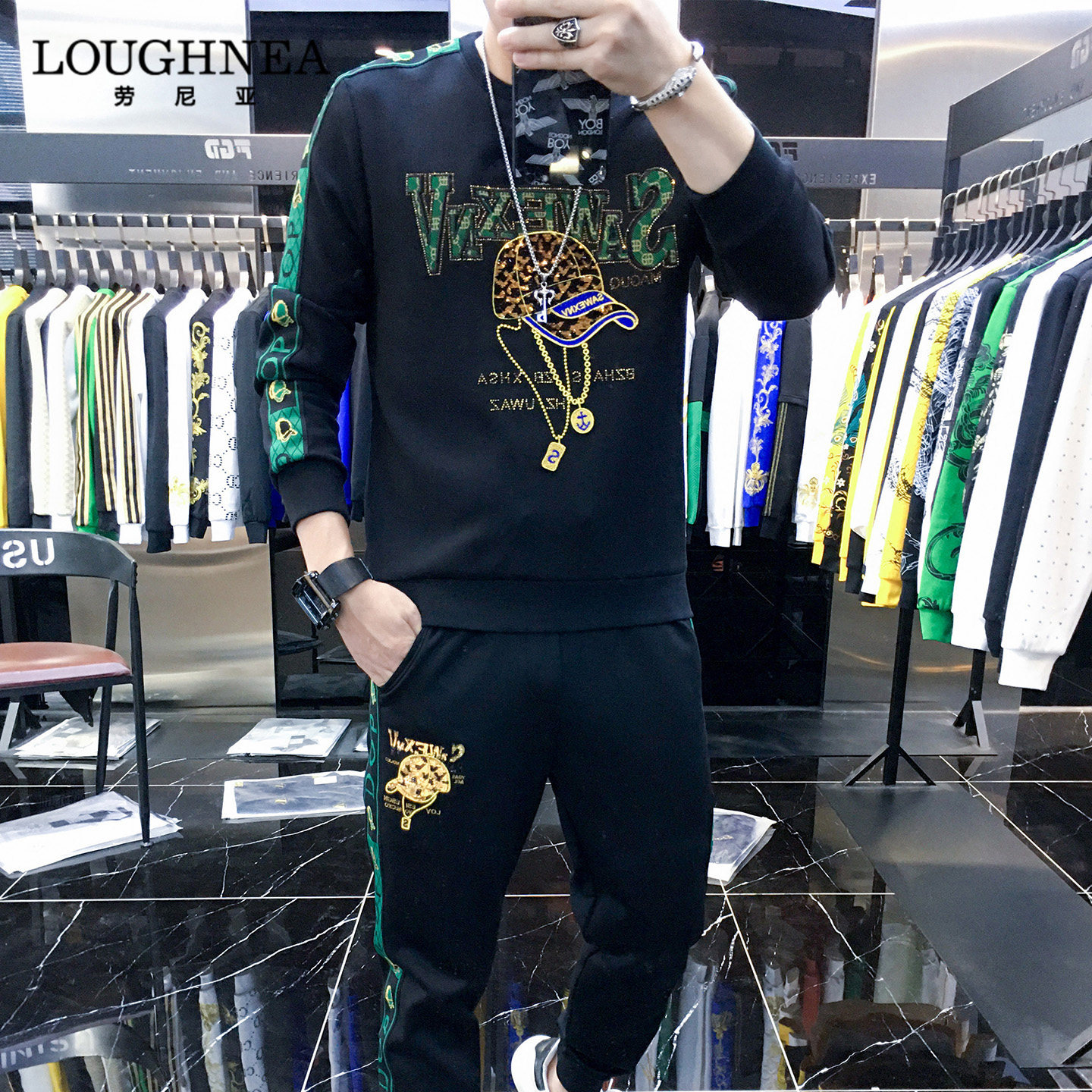 LOUGHNEA欧洲站烫钻刺绣休闲卫衣套装男2026秋冬潮流两件套运动服