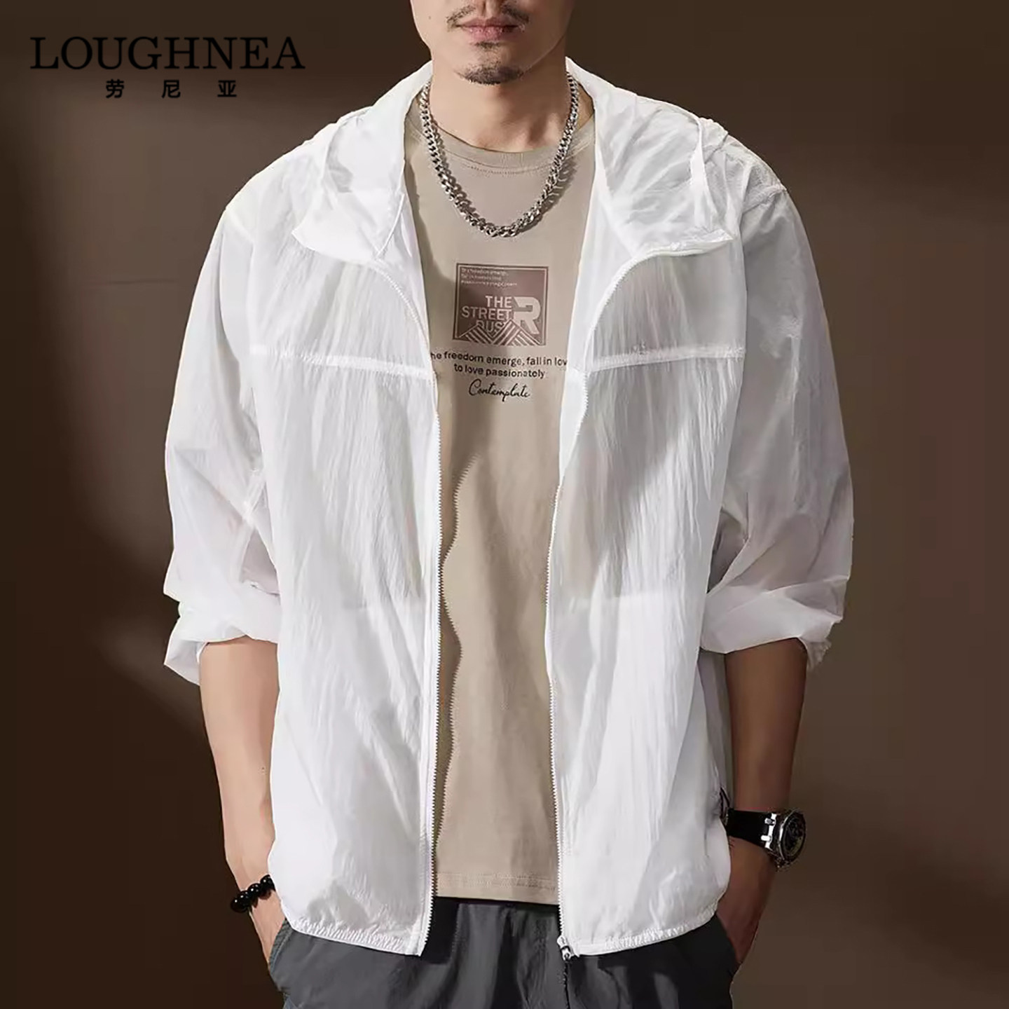 LOUGHNEA品牌白色超轻薄连帽防晒衣男2026新款夏季速干防晒服外套