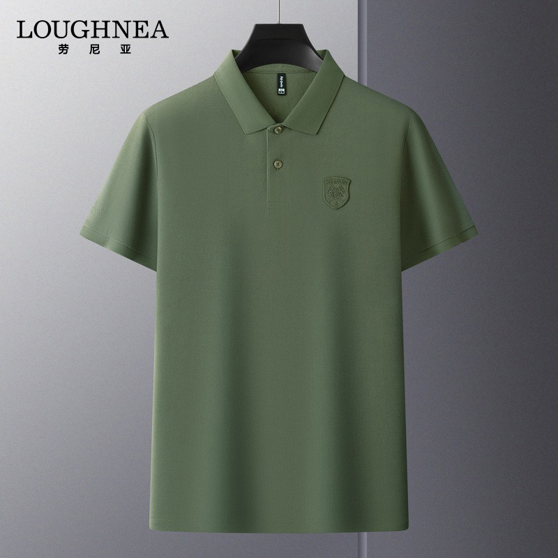 LOUGHNEA高档刺绣纯棉短袖T恤男纯色免烫体恤中年商务休闲polo衫