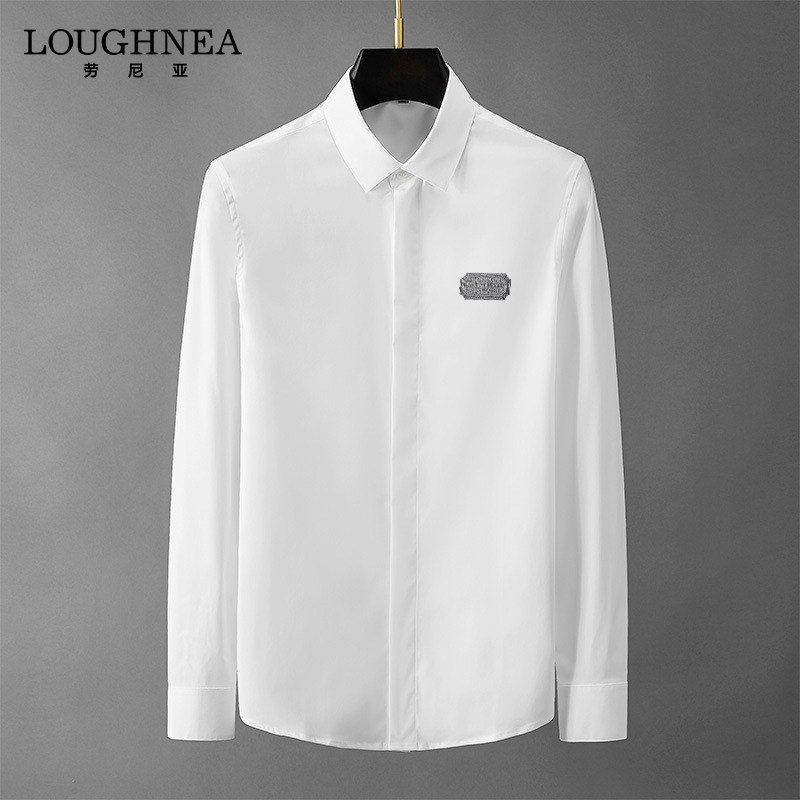 LOUGHNEA品牌刺绣字牌棉质长袖衬衫男春秋季青年时尚修身休闲衬衣