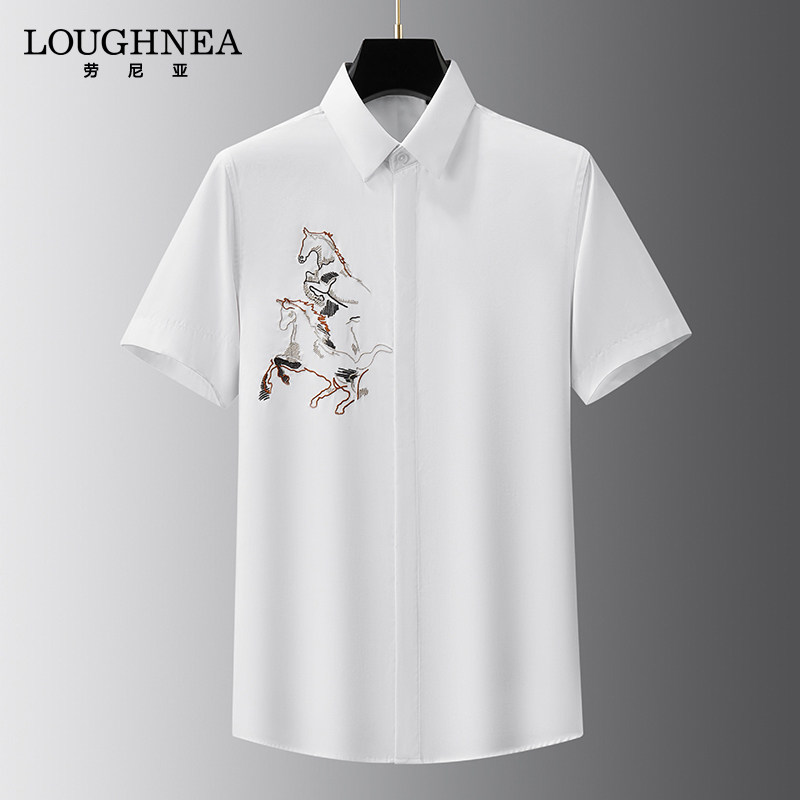 LOUGHNEA高端品牌短袖白色衬衫男夏季薄款骏马刺绣高级感修身衬衣