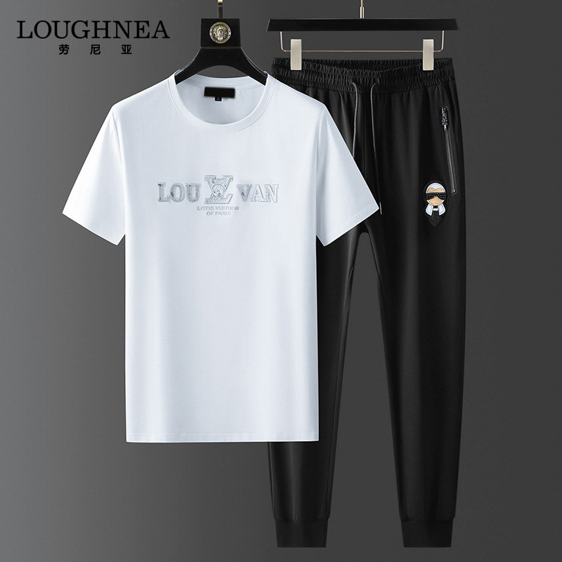 LOUGHNEA轻奢丝光棉字母烫钻运动服套装男短袖时尚宽松休闲两件套
