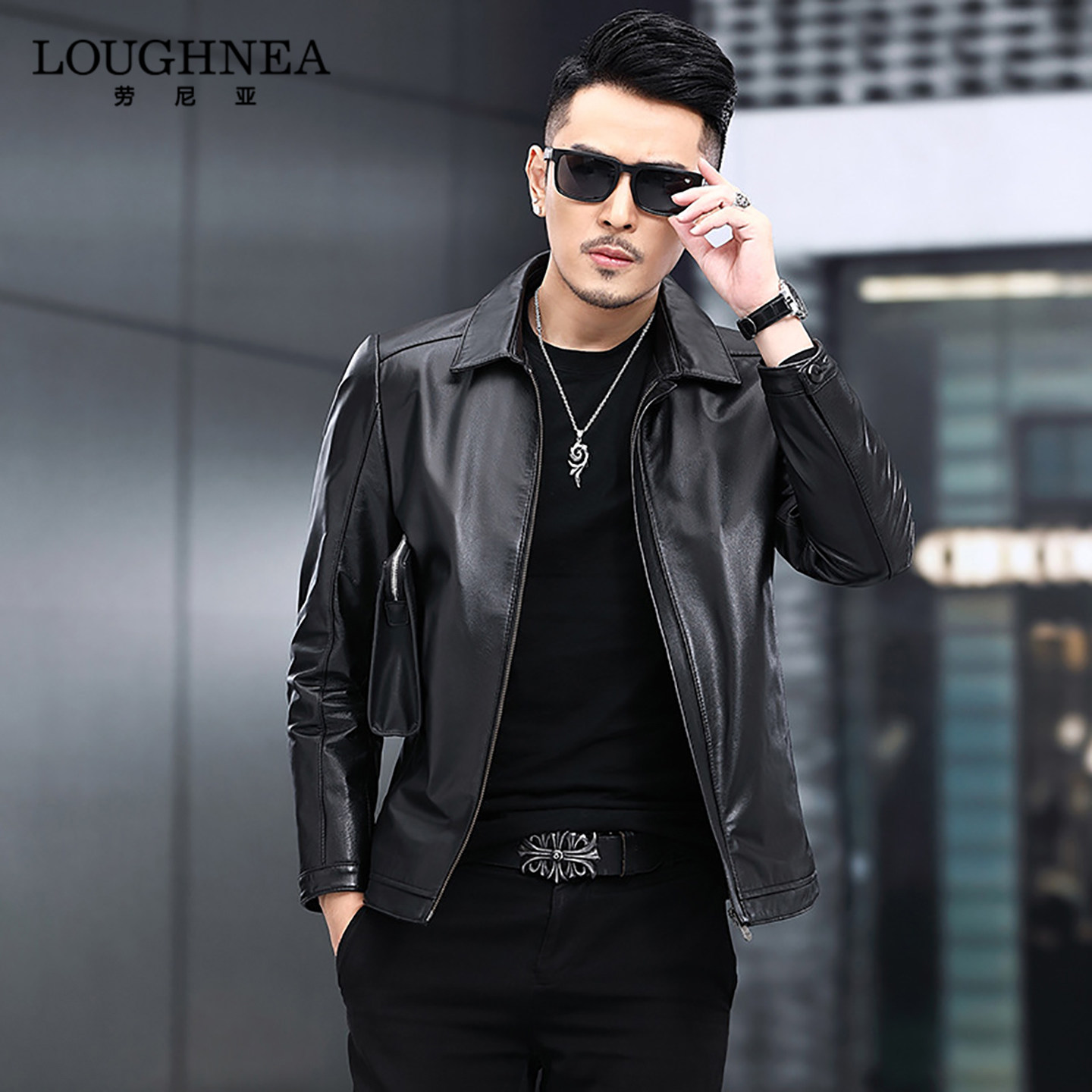 LOUGHNEA轻奢拉链暗门襟真皮皮衣男外套春秋新款中年翻领短款夹克