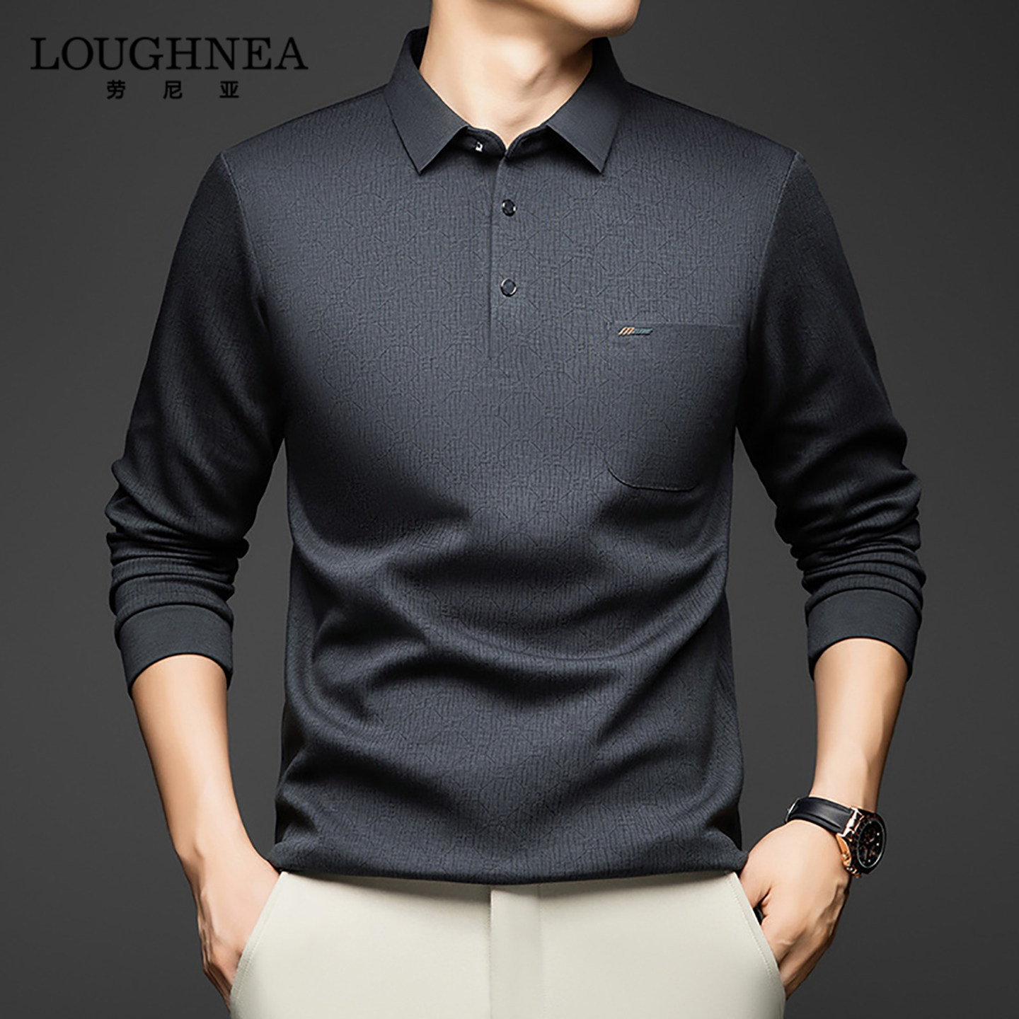 LOUGHNEA高端暗纹印花长袖POLO衫男士高级感秋季中年有口袋体恤衫
