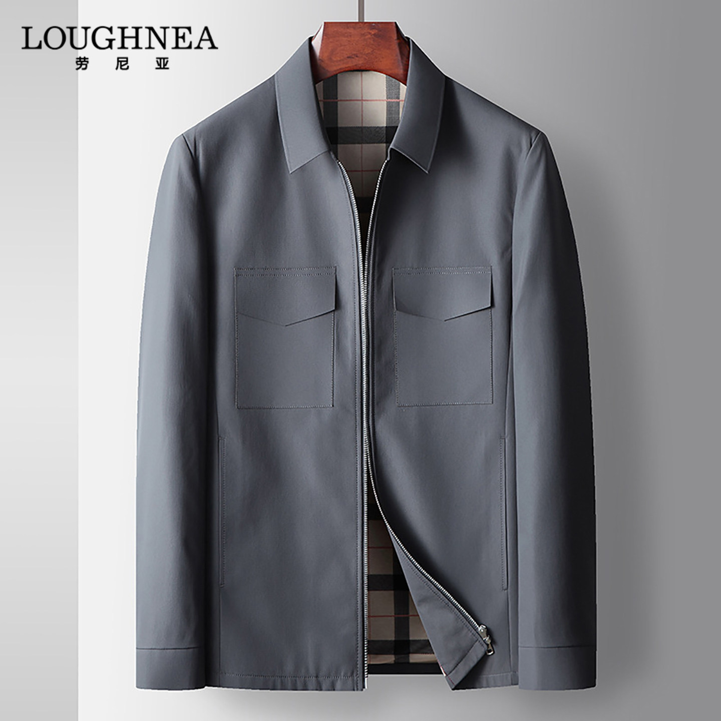 LOUGHNEA高端翻领行政夹克外套男2026春秋中年爸爸工装拉链版茄克