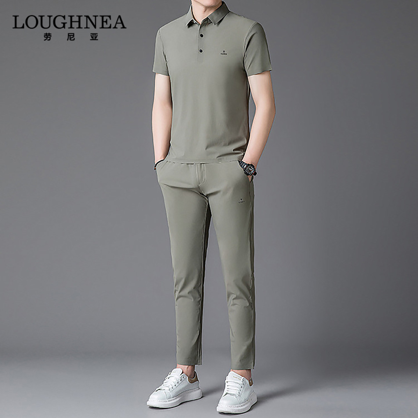 LOUGHNEA正品商务休闲短袖POLO衫运动服男夏季冰丝长裤套装两件套