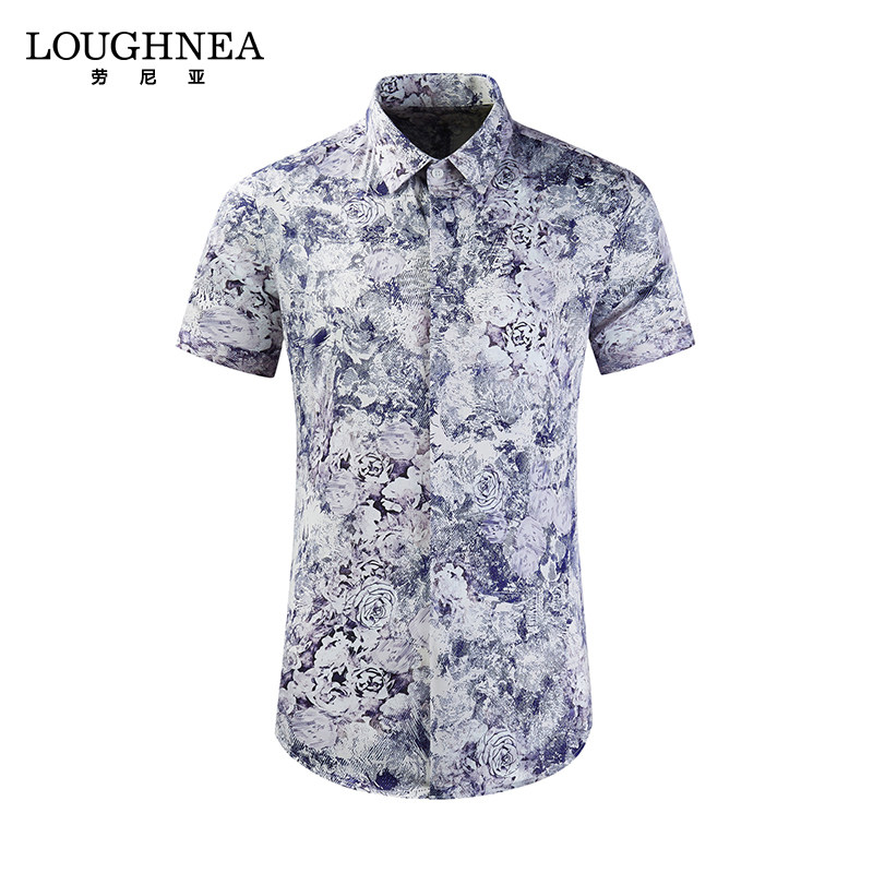 LOUGHNEA轻奢玫瑰涂鸦宝蓝色花衬衫男短袖夏季痞帅设计感修身衬衣