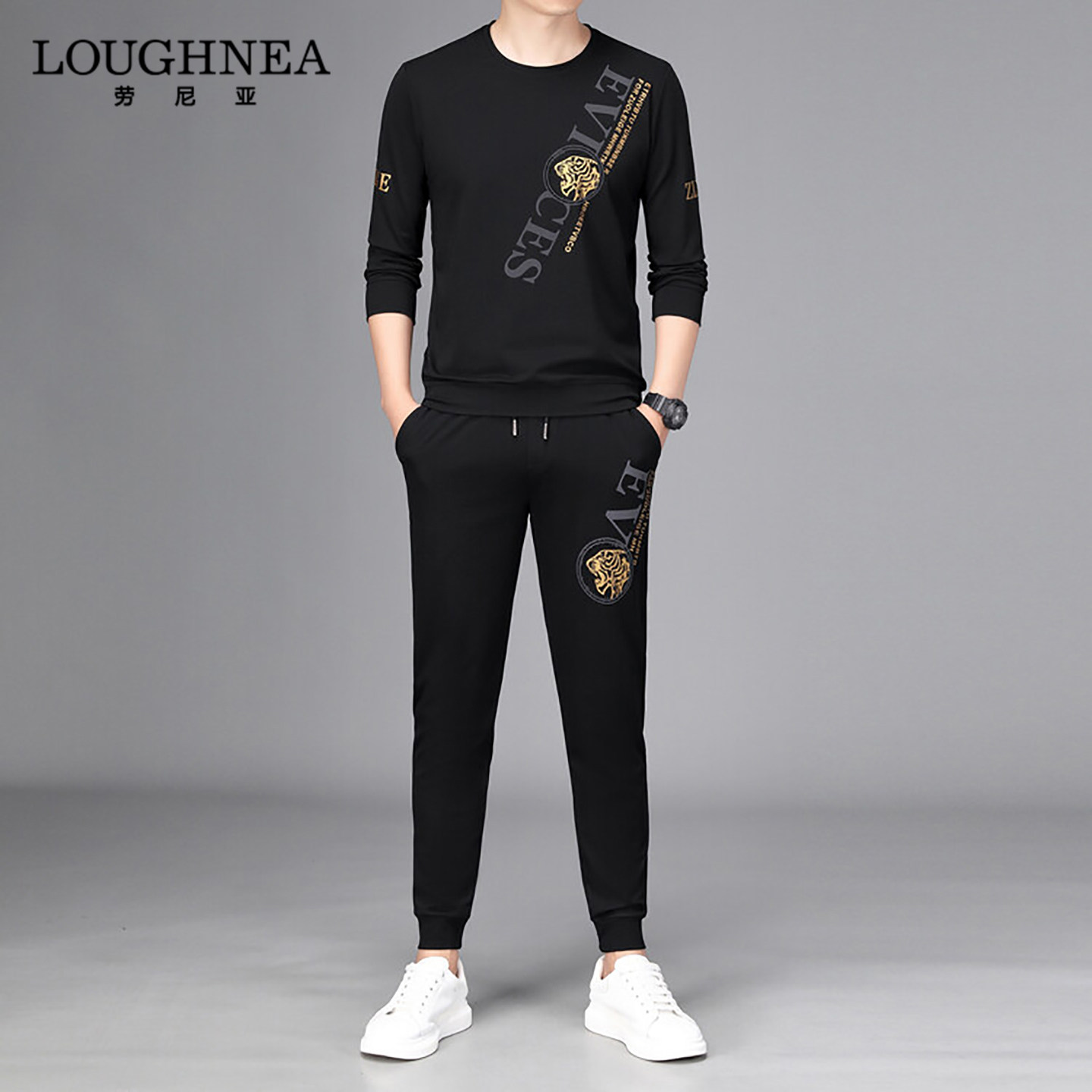 LOUGHNEA轻奢痞帅圆领卫衣休闲套装男春秋新款中年运动服两件套潮