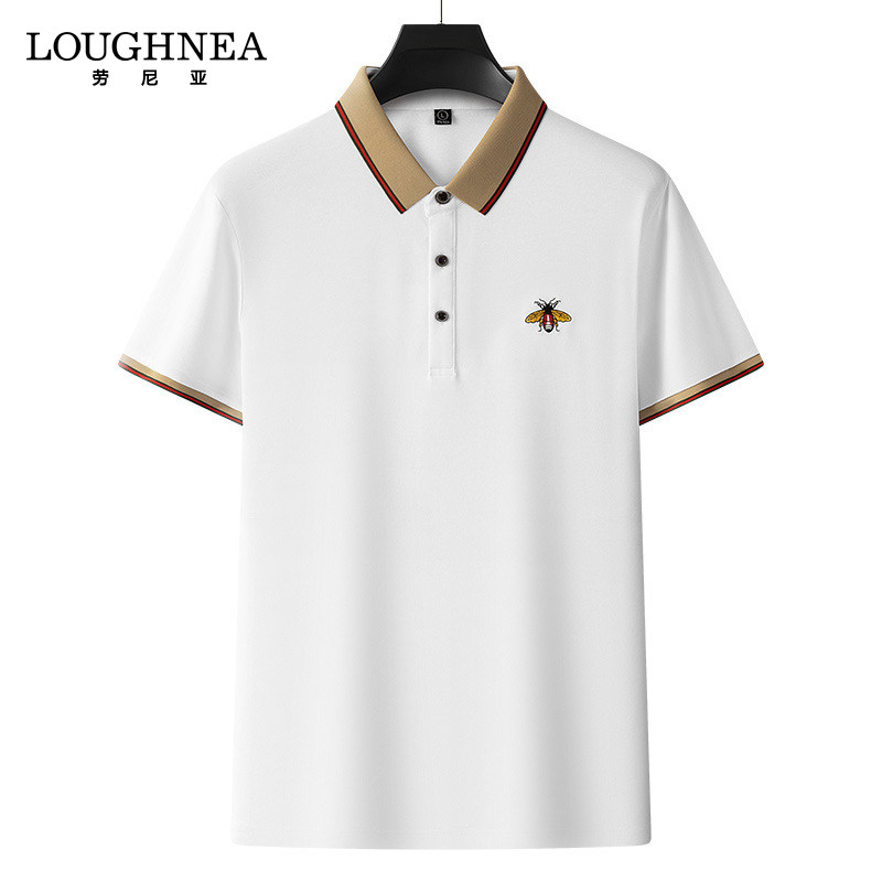 LOUGHNEA高端翻领小蜜蜂刺绣短袖T恤男商务休闲夏季纯色polo衫潮