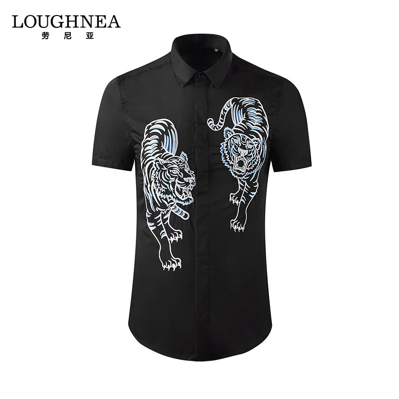 LOUGHNEA高端老虎刺绣衬衫男短袖夏季新款黑色男士休闲免烫衬衣男