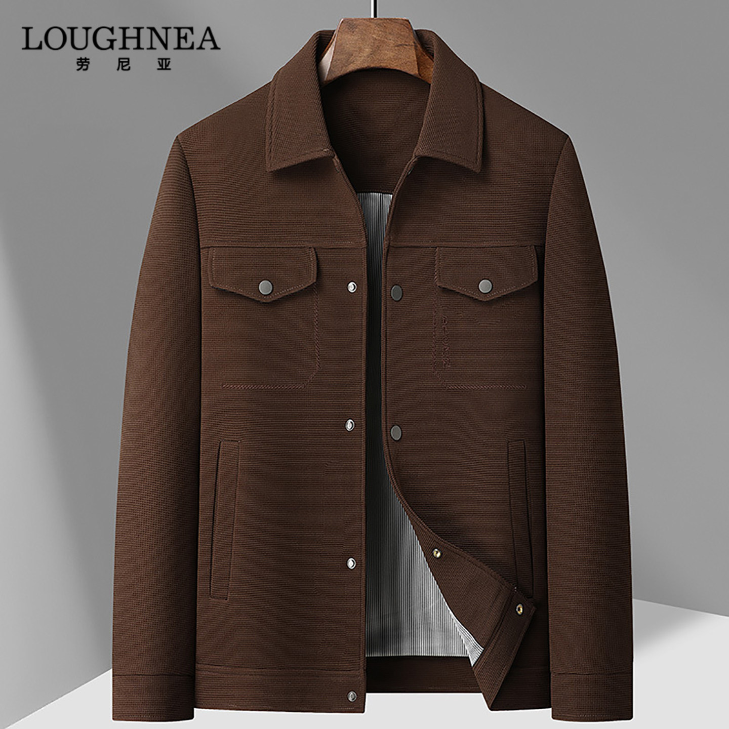 LOUGHNEA高端休闲工装针织夹克男翻领春秋中年休闲单排扣短款外套