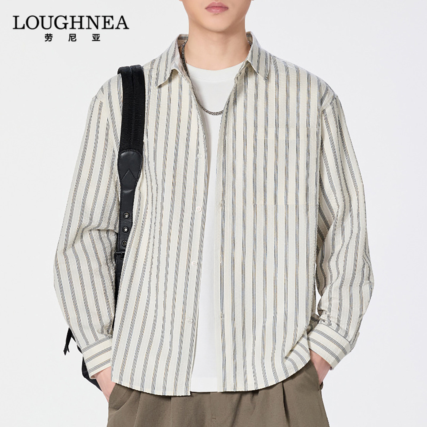 LOUGHNEA高端竖条纹泡泡纱衬衫长袖男2026新款春秋高级感休闲上衣