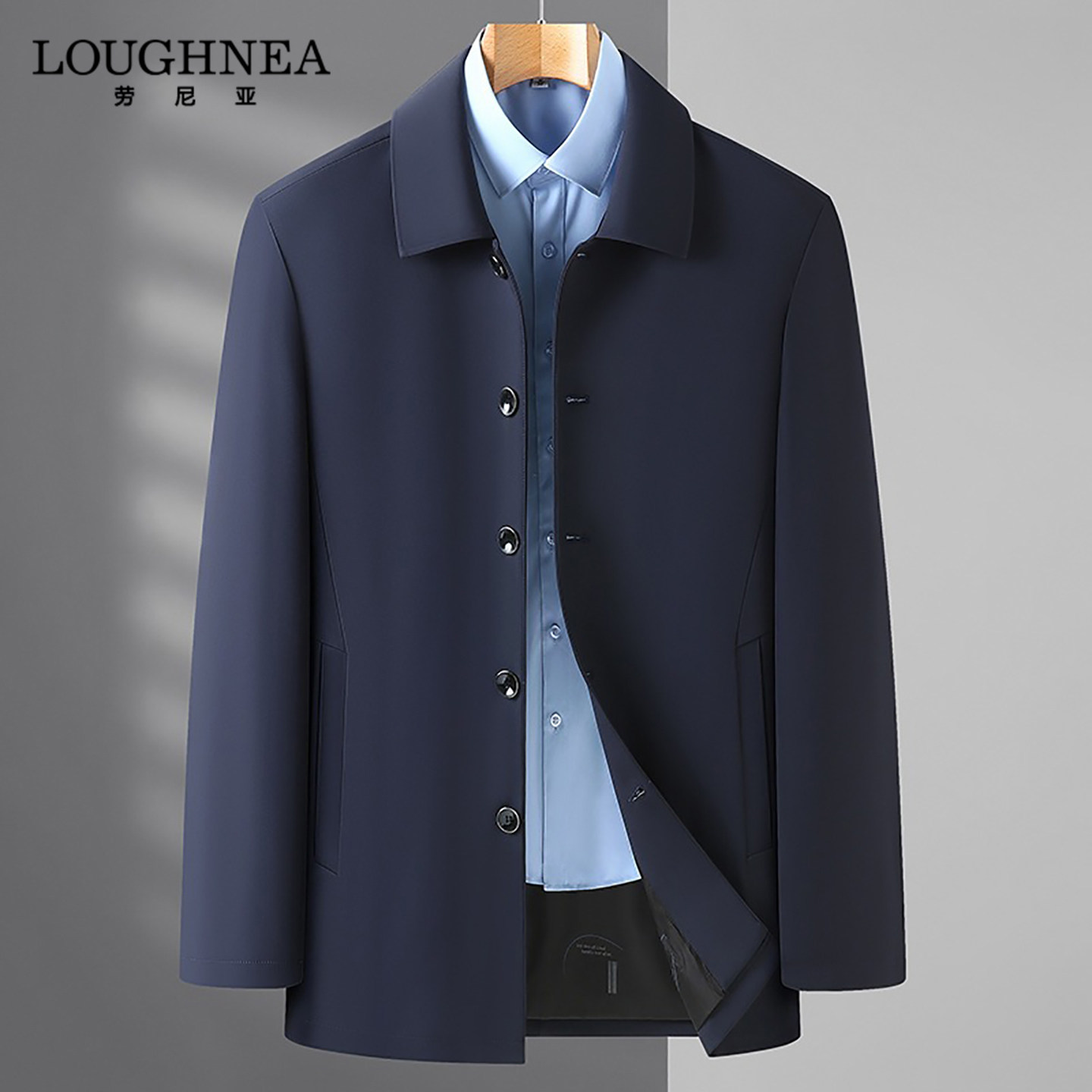 LOUGHNEA品牌春秋薄款行政外套男中长款中年爸爸装单排扣风衣夹克
